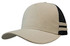 A beige trucker cap with a black mesh back and three striped accents. Features a curved brim and a logo.