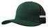 A deep fit trucker cap with green fabric and black mesh, featuring two white stripes on the side.