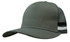 A deep fit trucker cap in olive green with mesh sides and striped detailing. It features a logo on the front.