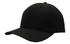 A black breathable poly twill cap with a curved brim and a fitted design. Features a logo on the side.