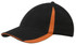 A black cap with an orange accent on the peak and crown, featuring a logo on the front.