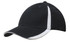 A black cap with white inserts on the peak and crown, featuring an adjustable strap and logo.