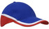 A tri-coloured cap featuring blue, red, and white accents, with a logo on the front.