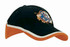 A brushed heavy cotton tri-coloured cap in navy, orange, and white with a logo on the front.