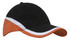 A tri-coloured cap featuring black, orange, and white detailing, with an adjustable strap and a logo.