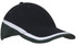 A tri-coloured cap featuring black, white, and dark green panels, designed with a logo on the front.