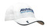 A white cap with peak embroidery and a contrasting black trim, featuring a logo.