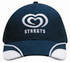 A navy cap featuring mesh inserts on the peak and a logo on the front.