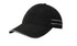 A black microfibre sports cap featuring white piping, with a soft visor and an adjustable strap at the back.
