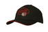 A black cap with a sandwich trim, featuring a logo on the front.