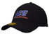 A black cap with a structured design and an embroidered logo featuring blue and red text.