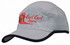 A grey microfibre sports cap with a black trim on the edge of the crown and peak, featuring a logo.