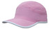 A pink microfibre sports cap with white trim on the edge of the crown and peak, featuring a logo.