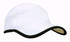 A white microfibre sports cap with a green trim around the edge of the crown and peak. Features a logo.