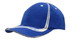 A blue cap with white waving stripes on the crown and peak, featuring a logo on the front.