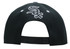 A black cap with a snapback style, featuring an embroidered logo on the back.
