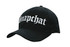 A black cap with a white embroidered logo. It features a curved brim and a snapback closure.