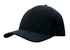 A black cap with a curved brim and snapback closure, featuring a logo on the front.