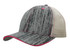 A cap featuring a wood print design in grey with a mesh back and pink accents. It has a branded logo.