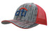 A cap featuring a wood-print design in grey and red with a mesh back and a branded logo on the front.