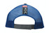 A cap with a blue mesh back, featuring a grey strap and embroidered branding on the back.