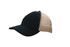 A cap featuring a black front and soft beige mesh back, with a logo on the side.