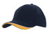 A navy blue cap with an indented peak and a yellow accent on the brim. The cap features a logo.