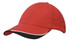 A red cap with an indented peak, featuring a contrasting black brim and a logo on the front.