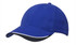 A blue cap with an indented peak, featuring a logo and contrasting dark underbrim.