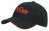 A black cap with a mesh design and red accents, featuring a logo on the front.
