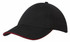 A black cap with a red sandwich trim and a logo, designed for headwear.
