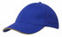 A blue cap with a sandwich trim in gold. It features a structured design and has a logo on the front.