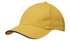 A yellow cap with a black sandwich trim and a curved peak, featuring a logo on the front.