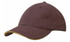 A brown cap featuring a sandwich trim in yellow and a logo on the front.