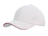 A white cap with a red sandwich trim and a logo on the front, featuring a curved brim.