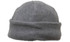 A grey micro fleece beanie with a rolled cuff, featuring a logo on the side.