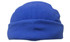A blue micro fleece beanie with a rolled cuff and a soft texture, featuring a logo.