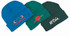 Three acrylic beanies in blue, green, and dark green, featuring various logos on the front.