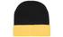 A black and yellow acrylic beanie with a folded cuff, featuring a logo.
