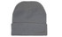 A grey acrylic beanie with a folded cuff, featuring a logo on the side.