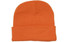 An orange acrylic beanie with a folded cuff, featuring a simple design and a logo.