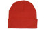 A red acrylic beanie with a folded brim, featuring a logo on the side.