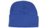 A blue acrylic beanie with a rolled cuff and a smooth texture, featuring a logo.