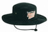 A black brushed heavy cotton hat with a wide brim and a chin strap, featuring a logo on the front.