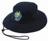 A navy blue wide-brimmed hat with a logo on the front and a chin strap.