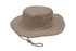 A beige brushed heavy sports twill hat with a wide brim and adjustable chin strap. Features ventilation holes.