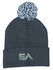 Acrylic beanie in dark grey with a fluffy pom pom on top and a logo at the front.