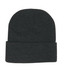 A dark grey acrylic beanie with a folded cuff and a smooth texture. It includes a logo.