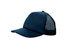 A navy truckers mesh cap featuring a solid front and mesh back for ventilation. It has a branded logo.