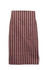 A full-waist striped apron in burgundy and white, featuring vertical stripes and a logo.
